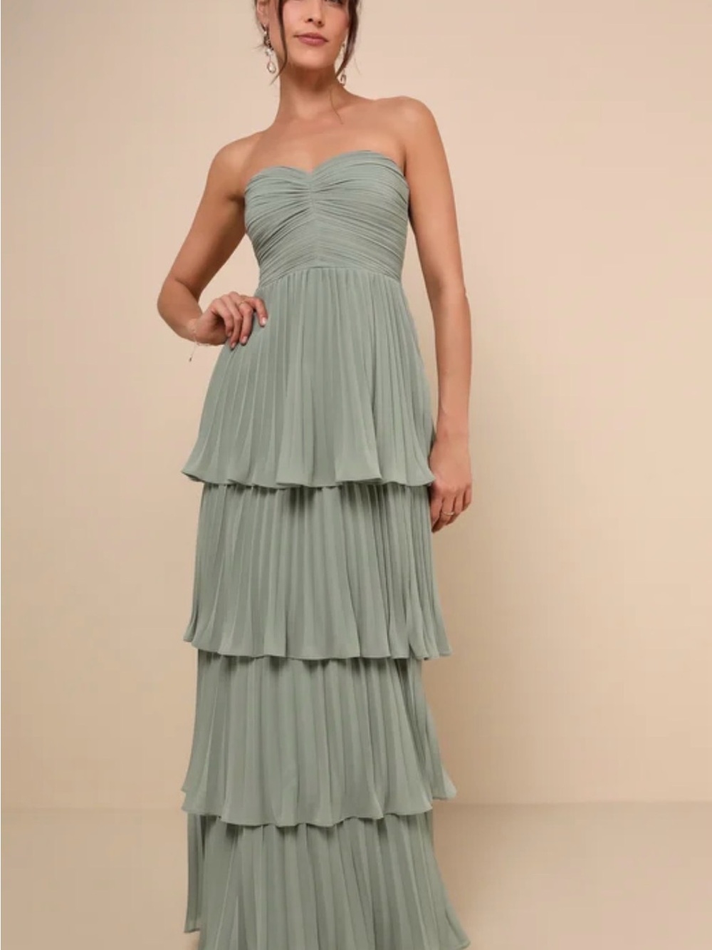 Lulu's Sage Green Strapless Tiered Pleated Maxi Dress